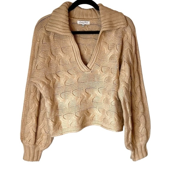 Emory Park Johnny Collar Cable Knit Crotchet Sweater- Neutral Cream- Medium - Picture 2 of 10